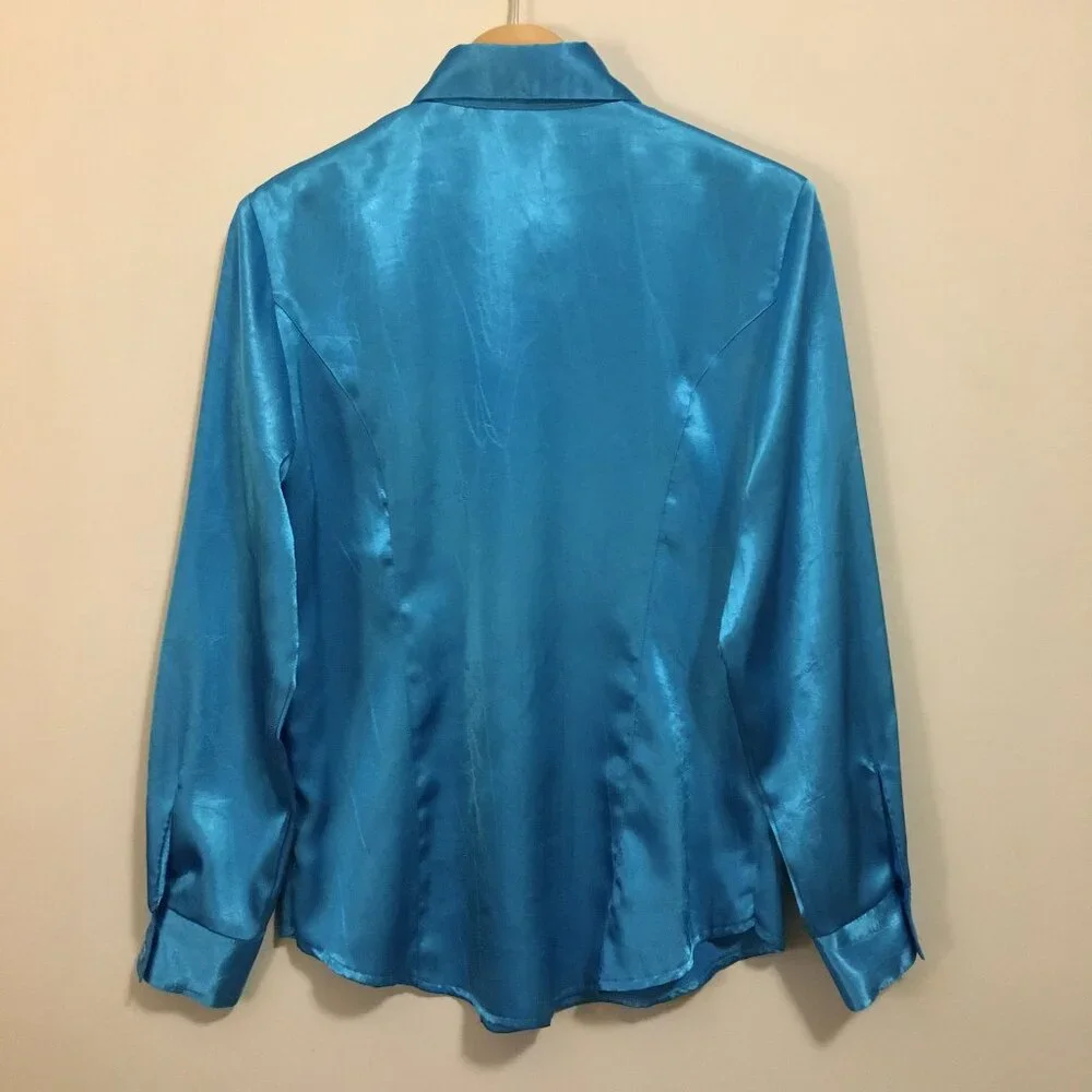 C'est La Vie Vintage Satiny Cyan Blue Retro Button Down Dress Shirt Canadian - M - Picture 2 of 16